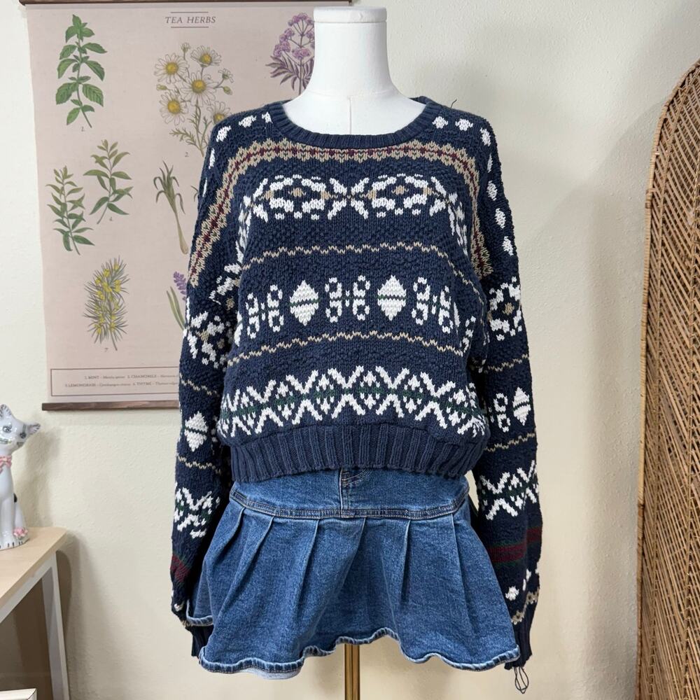 Vintage Fair Isle Crop Slouchy Oversized Sweater Classic Gorpcore Indie Grunge M